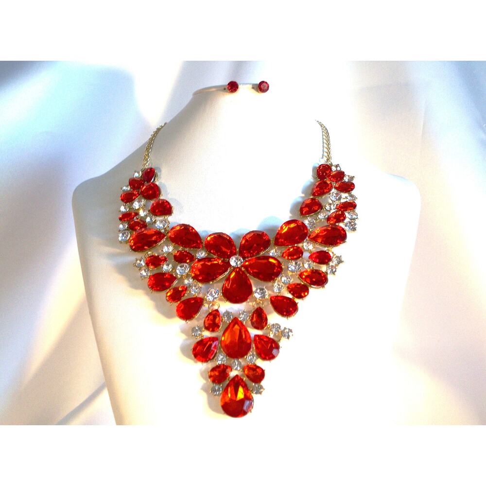 Red rhinestone necklace set, wedding MOB prom party evening formal necklace set